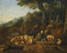 Een landschap met bestuurders en hun kudde in rust - Johann Heinrich Roos — weergave van het kunstwerk