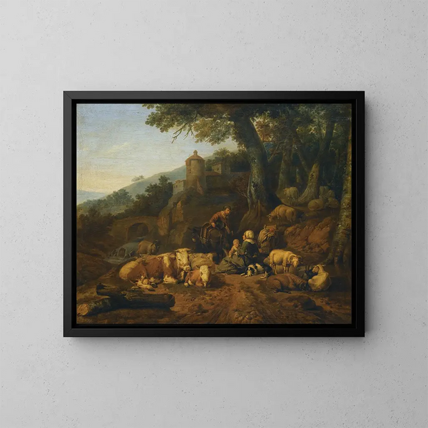 Een landschap met bestuurders en hun kudde in rust - Johann Heinrich Roos — ingelijst kunstwerk aan de muur