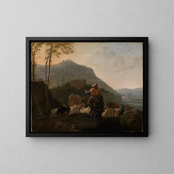 van Johann Heinrich Roos - Schilderij herders die met hun kudde vertrekken in een berglandschap in het zuiden — ingelijst kunstwerk aan de muur