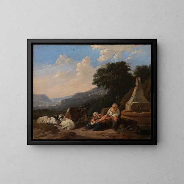 Landschap met bergers bij een put - Johann Heinrich Roos — ingelijst kunstwerk aan de muur