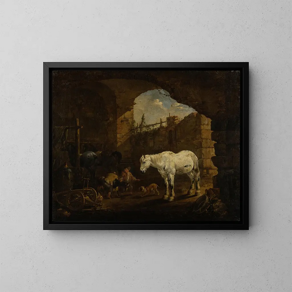 van Kinderen die spelen in een schuur - Johann Heinrich Roos — ingelijst kunstwerk aan de muur