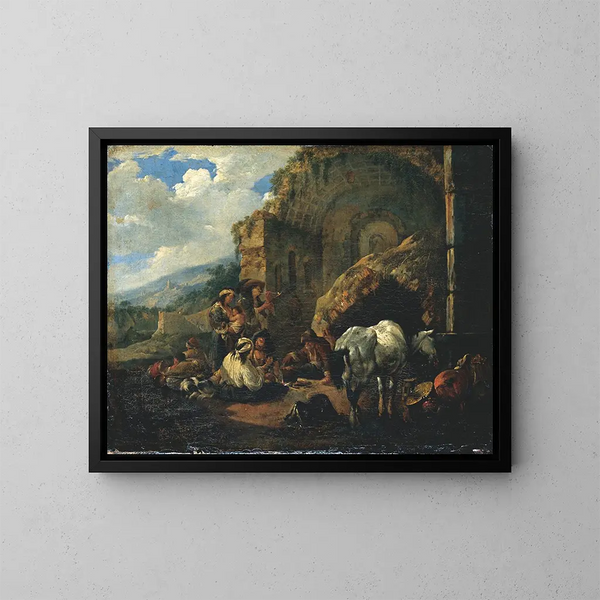 van het kamp van de zigeuners in een Romeinse ruïne - Johann Heinrich Roos — ingelijst kunstwerk aan de muur