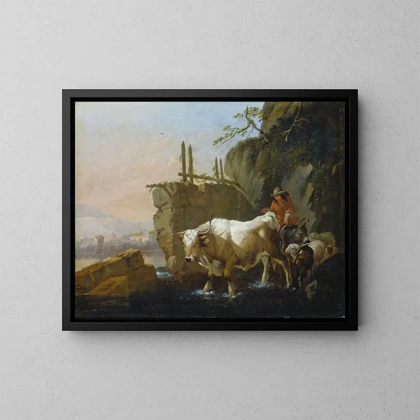 van Bergers die vee over een beek leiden - Johann Heinrich Roos — ingelijst kunstwerk aan de muur