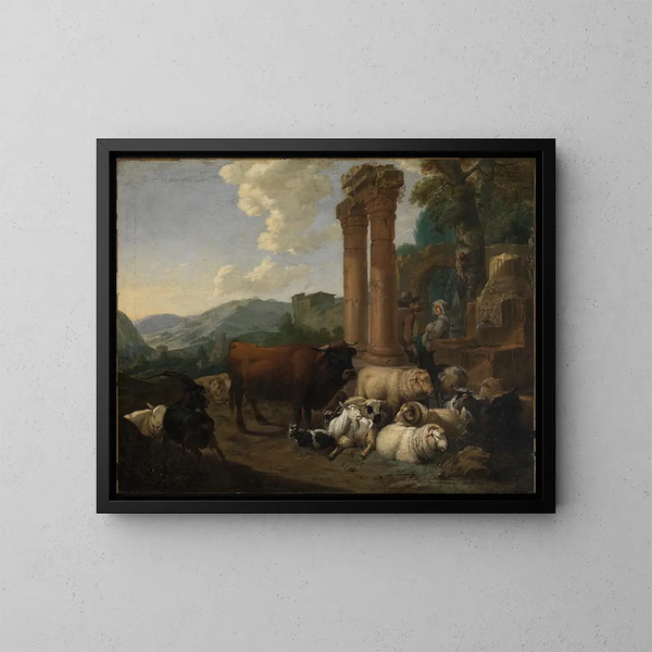 scène van herders in een landschap van Romeinse ruïnes - Johann Heinrich Roos — ingelijst kunstwerk aan de muur