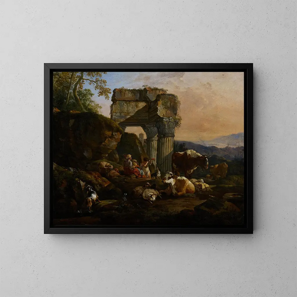 Landschap met vee en herders - Johann Heinrich Roos — ingelijst kunstwerk aan de muur