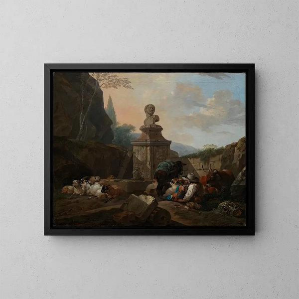 van Bergère en kudde bij een Romeinse fontein - Johann Heinrich Roos — ingelijst kunstwerk aan de muur