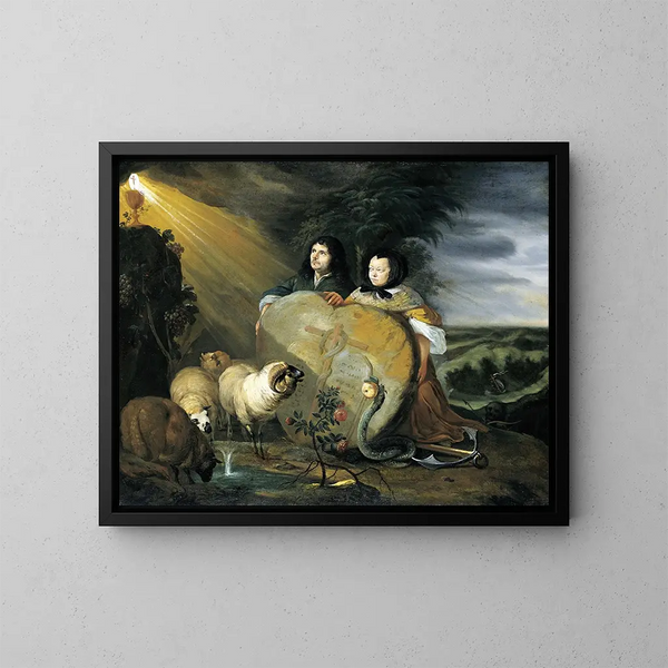 Zelfportret met zijn vrouw en symbolen van het christelijk geloof - Johann Heinrich Roos — ingelijst kunstwerk aan de muur