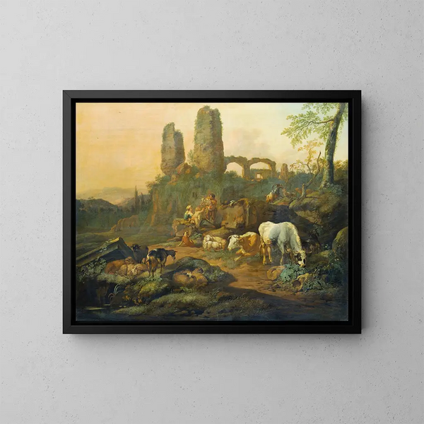 De herdersfamilie rust uit bij een antieke ruïne - Johann Heinrich Roos — ingelijst kunstwerk aan de muur