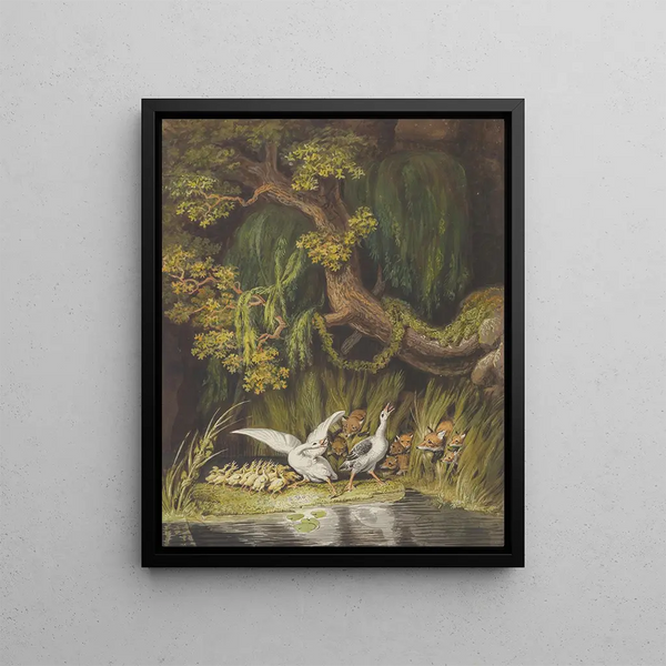 Johann Heinrich Wilhelm Tischbein - A Goose and a Gander with their Goslings Honking in Alarm as Two Foxes with their Cubs Emerge from the Rushes.webp