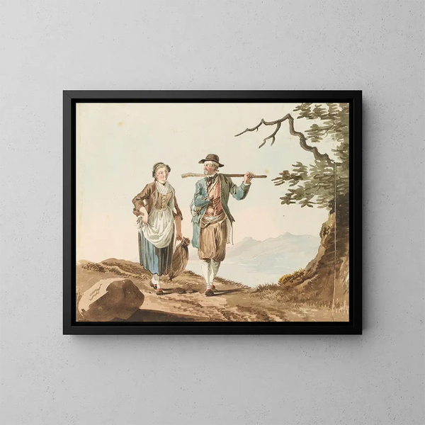 van een paar in kostuum aan de rand van het meer van Murten - Johann Karl Müllner — ingelijst kunstwerk aan de muur