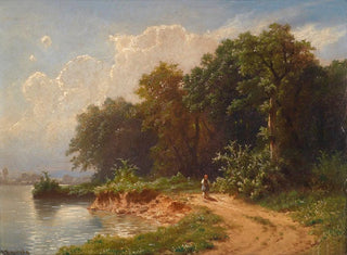 Idylle aan de oever van het meer - Johann Kautsky — weergave van het kunstwerk