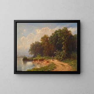 Idylle aan de oever van het meer - Johann Kautsky — ingelijst kunstwerk aan de muur
