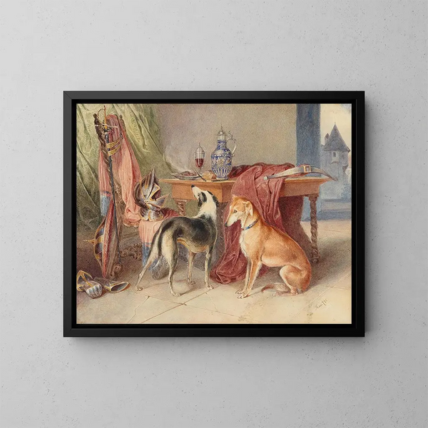 van een interieur met windhonden en een stilleven met harnassen - Johann Matthias Ranftl — ingelijst kunstwerk aan de muur