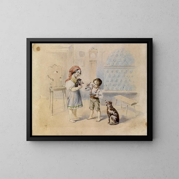 Boerensalon met fornuis van aardewerk en kinderen - Johann Matthias Ranftl — ingelijst kunstwerk aan de muur