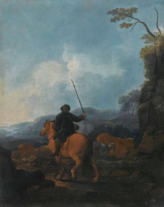 Johann Melchior Roos - A shepherd riding a horse and leading his flock in a landscape.webp