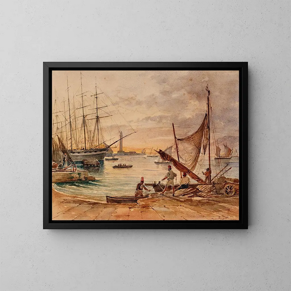 Een avond in de haven van Triëst - Johann Nepomuk Passini — ingelijst kunstwerk aan de muur
