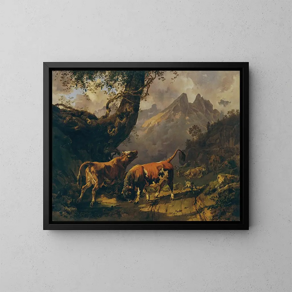 van een Stier die een koe achtervolgt in een landschap bij Carrara - Johann Nepomuk Rauch — ingelijst kunstwerk aan de muur