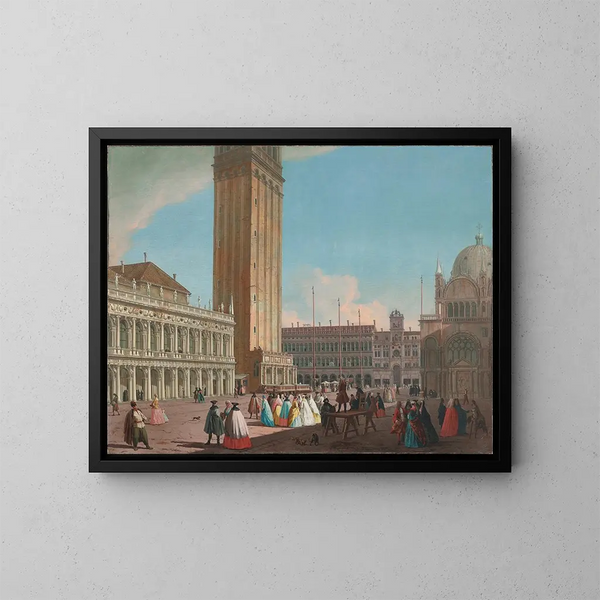 Venetië, de Piazzetta gezien naar het noordwesten met de Campanile, de Bibliotheek, de Procuratie Vecchie en de Torre dell'Orologio - Johann Richter — ingelijst kunstwerk aan de muur