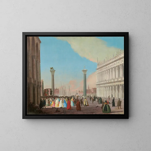 Venetië, de Piazzetta gezien vanaf het zuiden vanaf de basiliek van Sint-Maarten met de bibliotheek en een menigte die samenkomt om een voorstelling van Commedia dell'arte bij te wonen - Johann Richter — ingelijst kunstwerk aan de muur
