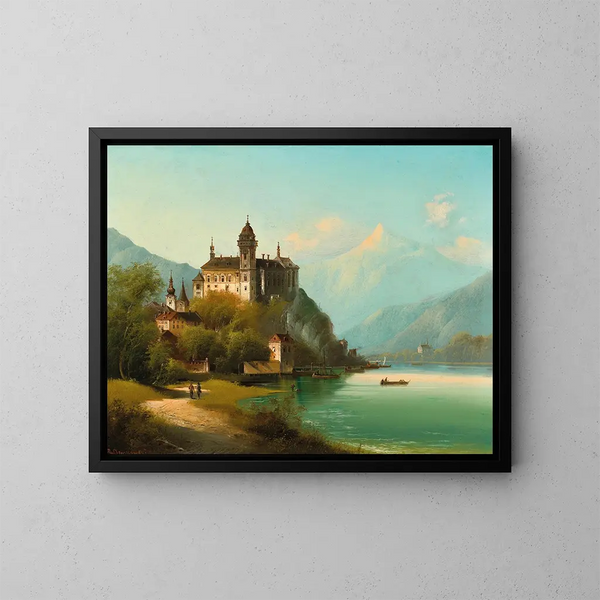 van een kasteel aan de rand van een bergmeer - Johann Wilhelm Jankowsky — ingelijst kunstwerk aan de muur