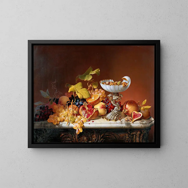 Tropisch fruit in een melkglazen schelp in de vorm van een schelp - Johann Wilhelm Preyer — ingelijst kunstwerk aan de muur