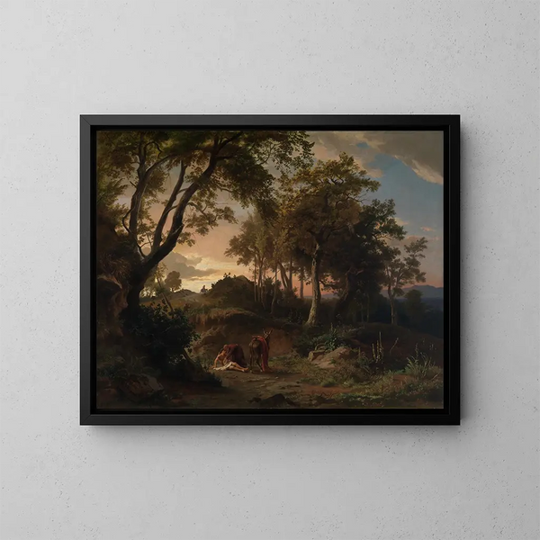 De avond, de redding van de gewonde reiziger door de goede Samaritaan - Johann Wilhelm Schirmer — ingelijst kunstwerk aan de muur