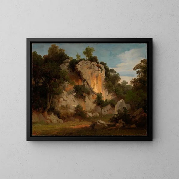 Rotsachtig muurtje met bloemen en struikgewas - Johann Wilhelm Schirmer — ingelijst kunstwerk aan de muur