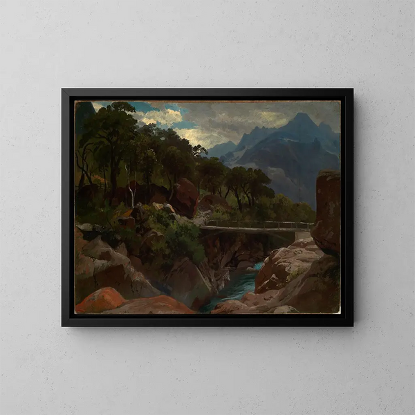 Bergrivier in Zwitserland met brug - Johann Wilhelm Schirmer — ingelijst kunstwerk aan de muur