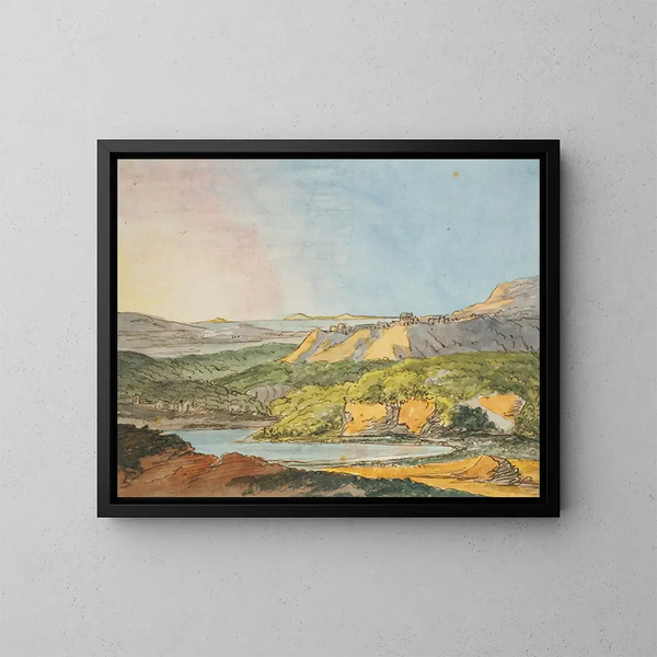 Landschap in het zuiden met zee, beboste heuvels en een waterpartij op de voorgrond - Johann Wolfgang von Goethe — ingelijst kunstwerk aan de muur