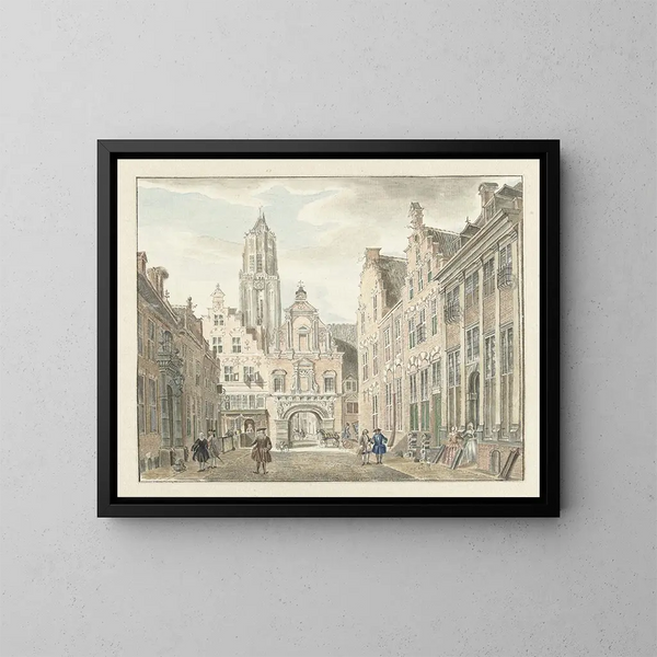 van Rue Nieuwstraat in Utrecht met uitzicht op de Domtoren - Johanna de Bruyn — ingelijst kunstwerk aan de muur