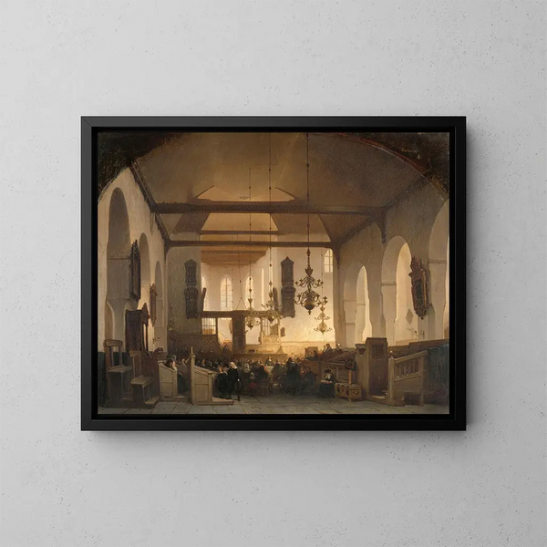 Een dienst aan de Geertekerk in Utrecht - Johannes Bosboom — ingelijst kunstwerk aan de muur