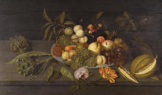 Johannes Bosschaert - Still Life With Apples Pears Grapes And Other Fruits In A Chinese Porcelain Bowl On A Ledge Alongside A Melon.webp