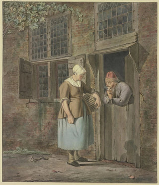 Johannes Christiaan Janson - An einer Haustr spricht ein rauchender Mann mit einer Frau die einen Korb trgt.webp