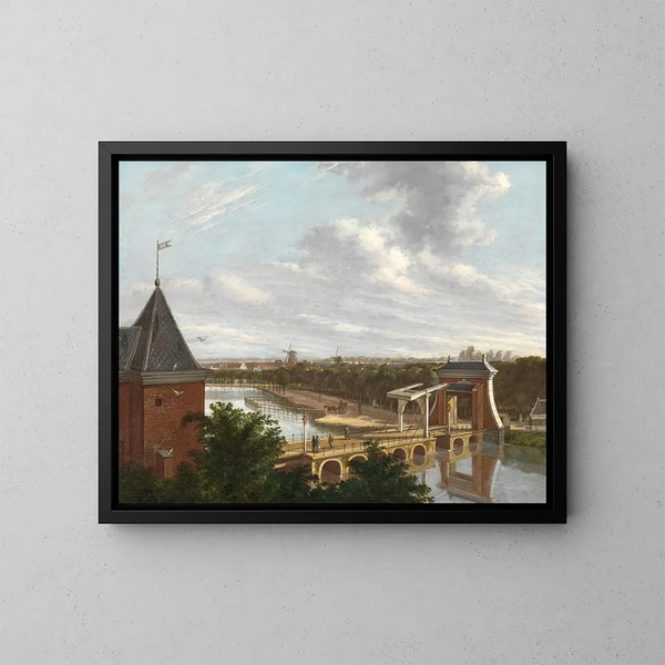 Het buitenkanaal van Amsterdam bij de Leidsepoort gezien vanaf het theater - Johannes Jelgerhuis — ingelijst kunstwerk aan de muur