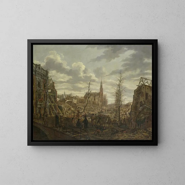 Het Rapenburg in Leiden drie dagen na de explosie van een buskruitboot op 12 januari 1807 - Johannes Jelgerhuis — ingelijst kunstwerk aan de muur