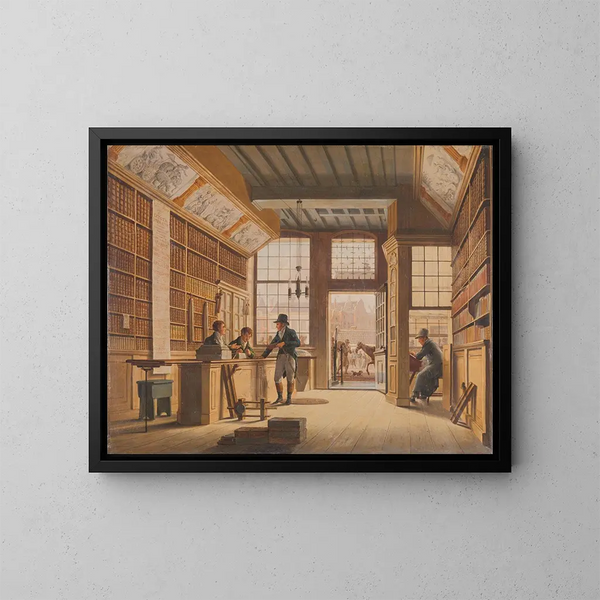 De boekhandel van Pieter Meijer Warnars aan de Vijgendam in Amsterdam - Johannes Jelgerhuis — ingelijst kunstwerk aan de muur