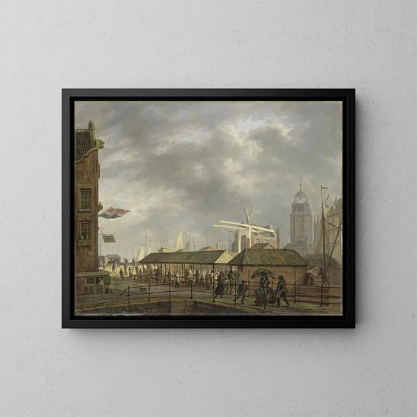 Het kleine vismarktje op de hoek van de Brouwersgracht en de Singel in Amsterdam - Johannes Jelgerhuis — ingelijst kunstwerk aan de muur