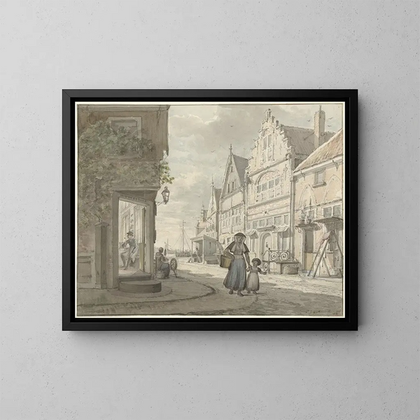 Vrouw en kind wandelend in een vissersdorp - Johannes Jelgerhuis — ingelijst kunstwerk aan de muur