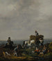 van Johannes Lingelbachs schilderij "Des fauconniers sur un chemin avec des moissonneuses chargeant du foin sur un chariot près d'une vallée au crépuscule" — weergave van het kunstwerk