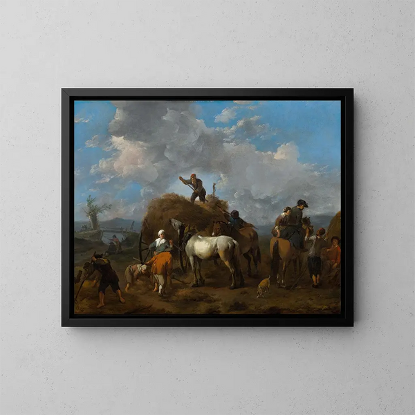 Het hooien van het hooi - Johannes Lingelbach — ingelijst kunstwerk aan de muur