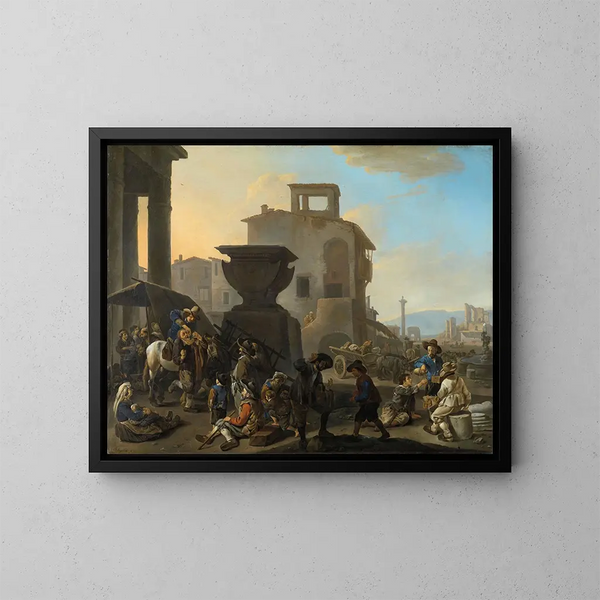van het Italiaanse markt met een kwakzalver tandarts - Johannes Lingelbach — ingelijst kunstwerk aan de muur