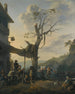 Landbouwers dansend de tarentelle voor een herberg in een heuvelachtig landschap in Italiaanse stijl - Johannes Lingelbach — weergave van het kunstwerk