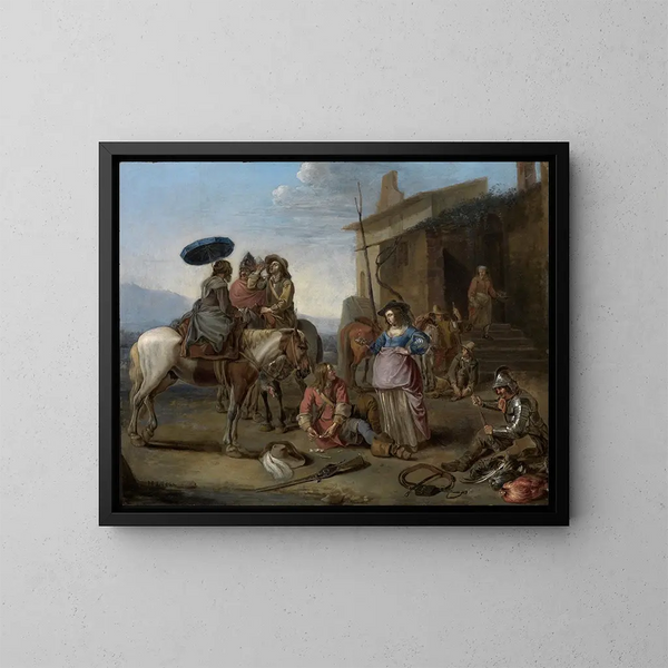 Van reizigers die stoppen voor een osteria - Johannes Lingelbach — ingelijst kunstwerk aan de muur