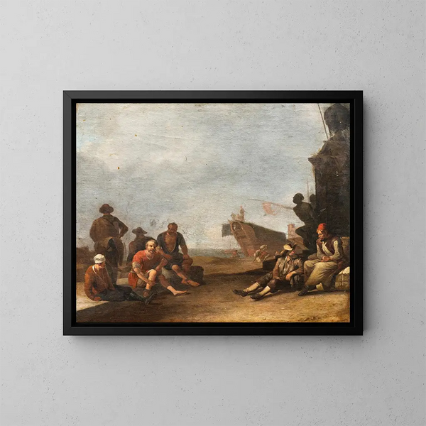 van een schilderij met uitzicht op een zuidhaven met handelaren en gevangenen, een schip en het standbeeld van Ferdinand I van Medici in Livorno - Johannes Lingelbach — ingelijst kunstwerk aan de muur