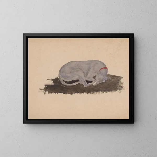 slapende hond - Johannes Tavenraat — ingelijst kunstwerk aan de muur