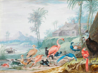 Johannes van Bronckhorst - A Group Of Exotic Birds In A Landscape Beneath Palm Trees A Building And Mountains Beyond.webp