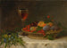 Natuurschilderij met een mand fruit, een glas sherry en een boeket bloemen - John Beigel — weergave van het kunstwerk