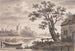 Rivierscène met kerk, cottage en windmolen - John Collet — weergave van het kunstwerk
