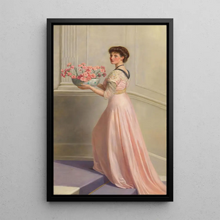 John Collier - Portrait of a lady in pink carrying a bowl of pink carnations.webp