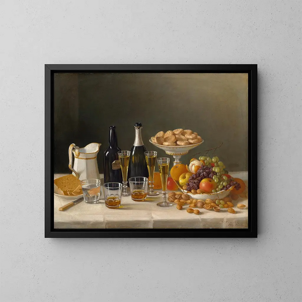 wijn, kaas en fruit - John F. Francis — ingelijst kunstwerk aan de muur